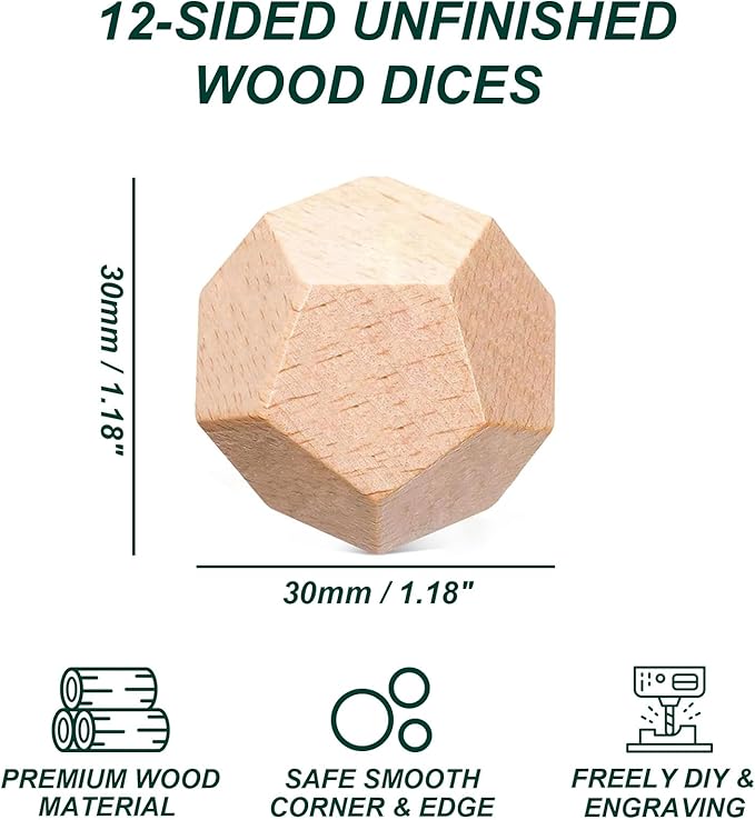 Unfinished Wood Crafts Dice, 6 Pack DIY Wooden Dices 12 Sided Blank Wood Dices, Create Your Own Game Dices for DIY Projects, Play Games - 1.2 Inch