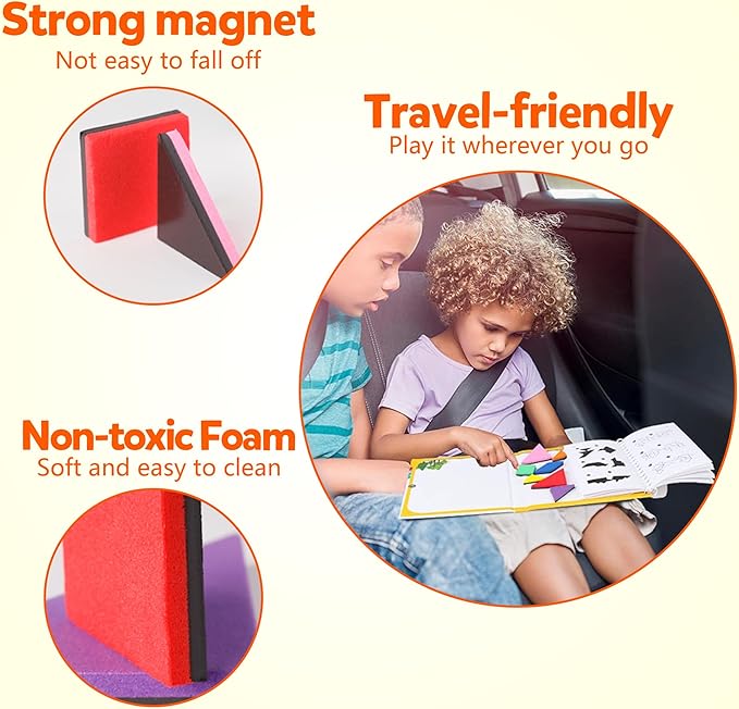 Travel Tangram Puzzle - Magnetic Puzzle Book for Road Trips, STEM Jigsaw Game with 3 Tangram Sets, Patterns Solutions - Brain Teaser IQ Toy for Kids and Adults, Ideal Educational Gift (240)