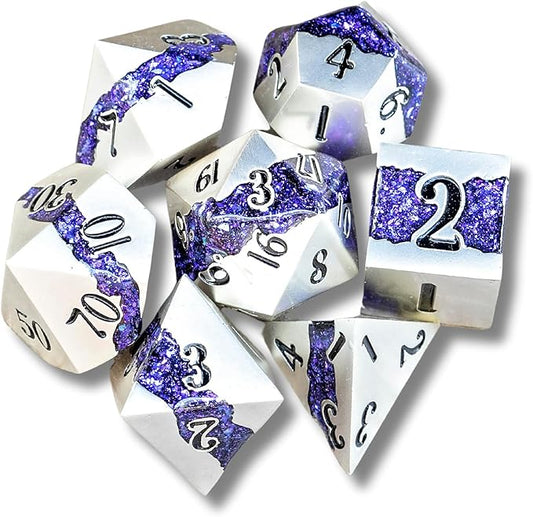 Sage's Portal Metal Riftstone DND Dice 7-PC Polyhedral Dice Set for DND TTRPG Dungeons and Dragons Pathfinder Oversized Designer Dice (Pearl Silver/Purple)
