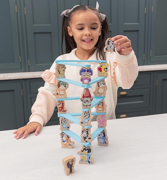 Bluey – Wooden Stacking Game – 25 Build and Balance Pieces with Characters and Sticks in a Storage Tube – FSC Certified for Children 3 Years and Up