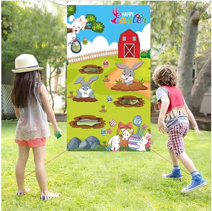 Upgraded, Easter Games, Funny Bunny Toss Game, with 4 Bean Bags, Premium Banner and Accessories, Easter Party Games for Kids Adults Family Outdoor, Party Activities Supplies