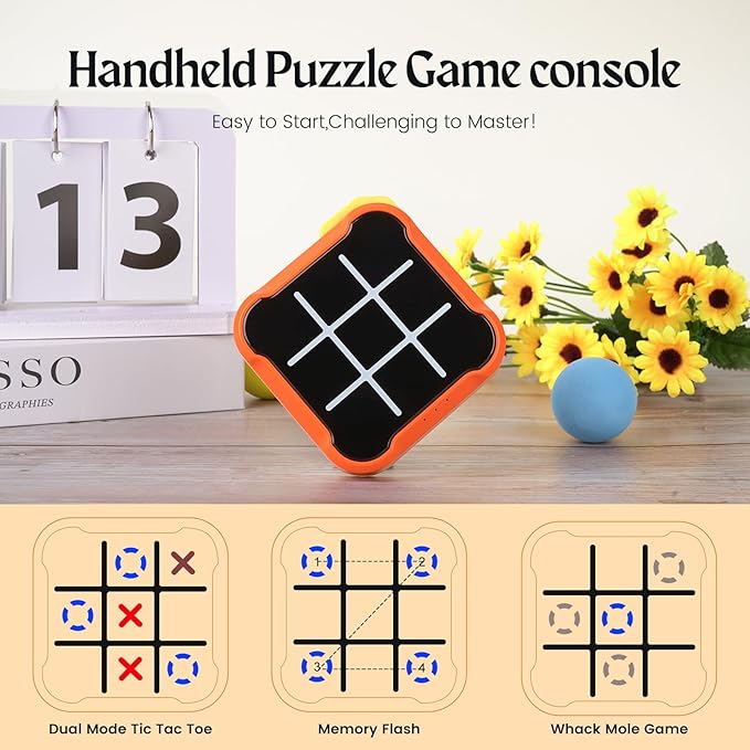 Tic Tac Toe Game, 4 in 1 Handheld Educational Game Machine, Electronic Tic Tac Toe Game for Education and Memory Growth, Home, Toy Board Game for Kids and Adults (Orange)