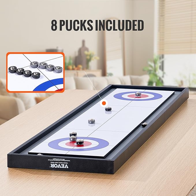 VEVOR Shuffleboard and Curling 2 in 1 Board Games, 45" Portable Tabletop Set, Two Sided Tabletop Shuffleboard with 8 Rolling Pucks, Shuffleboard and Curling Combo Game Set for Kids and Family