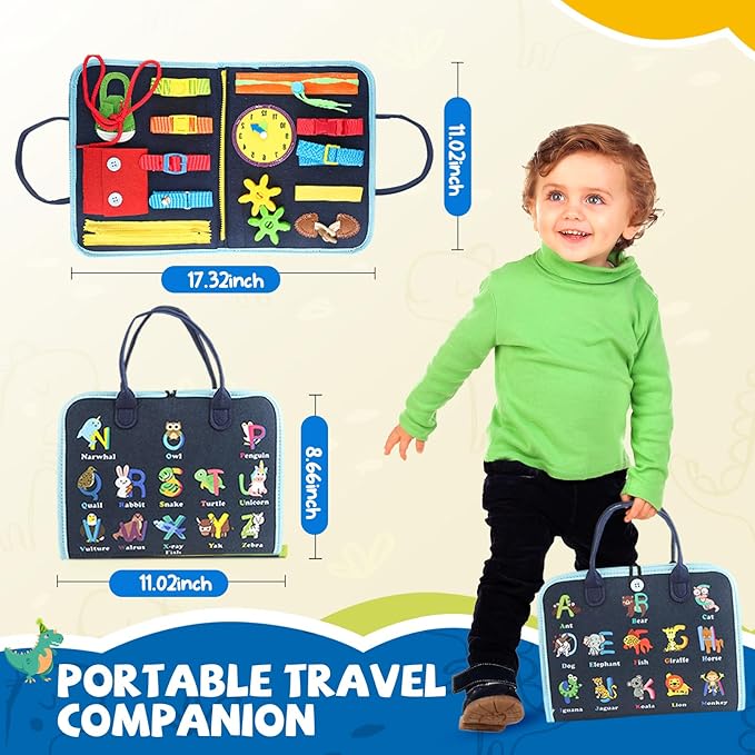 Montessori Busy Board Toys, Sensory Board for Toddlers 1-3, Travel Felt Busy Book for Airplane Car, Activity Busy Mat for Learning Fine Motor Skills Suits Boys Girls Birthday Gifts Blue/P2