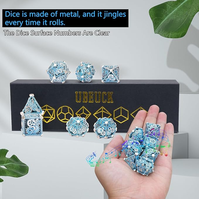 DND Metal Dice Set, UBEUCK 7PCS Gear Metal DND Dice Set for Dungeons & Dragons Board Games Boxes(Gear Solid Blue)