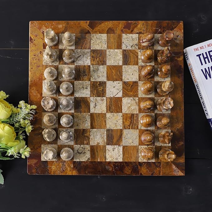 15 Inch Luxury Chess Set Classic Chess Boards for Adults with Handcrafted Stone Board & Marble Chess Pieces Ideal for Home Decor (Red & Coral)