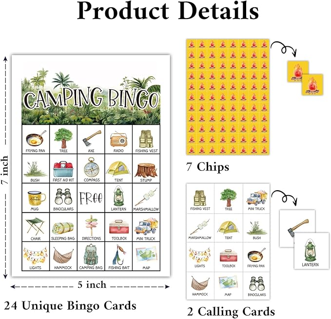Camping Bingo Games, 24 Players Bingo Cards, Campground Activity for Family Friends, Vacation Gifts for Adult Teenager, Camping Games Camping Party Game Bingo Supplies -02