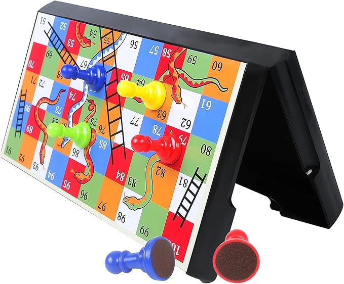 KIDAMI Magnetic Snakes and Ladders Game Set with Storage Box, Folding Design and Light-Weight, Gift for Kids and Adults.