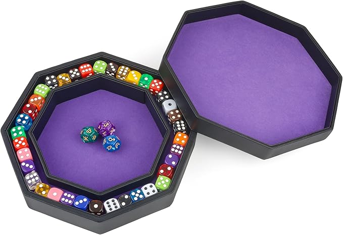 Dice Tray with Lid for Board Dice Games, Purple Felt Lined PU Leather Octagon Dice Rolling Tray and Box Storage for Dice