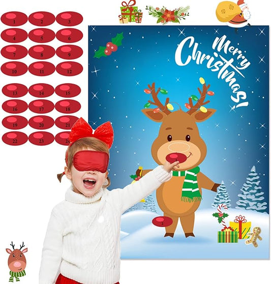 Funnlot Christmas Games for Kids Pin The Nose on The Reindeer Christmas Holiday Party Games Reusable 24 Noses Stickers and 1 Blindfold for for Kids and Adults
