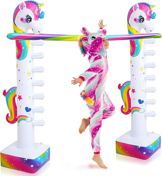 Poen 63 Inch Unicorn Inflatable Limbo Game for Kids Adults Rainbow Unicorn Blow up Limbo Toy for Indoor Outdoor Holiday Girls Boys Fun Birthday Party Decor Carnival Field Day Pool Game