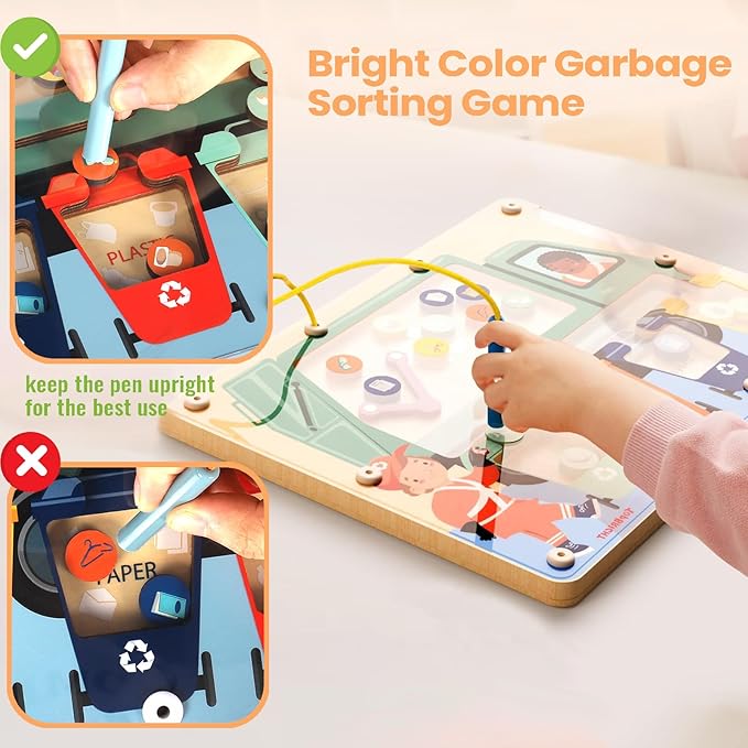 TOP BRIGHT Magnetic Color Maze Sorting Game Montessori Toys for 3+ Year Old, Wooden Garbage Magnet Educational Learning Toys, Toddler Travel Toys Fine Motor Skills for Boys Girls