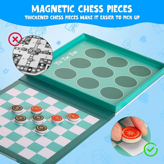 2-in-1 Magnetic Checkers & Tic-Tac-Toe Board Game | Travel Activities for Kids | Foldable Plane and Car Games | Family Fun Travel Essentials for Boy and Girl Over 3 Years