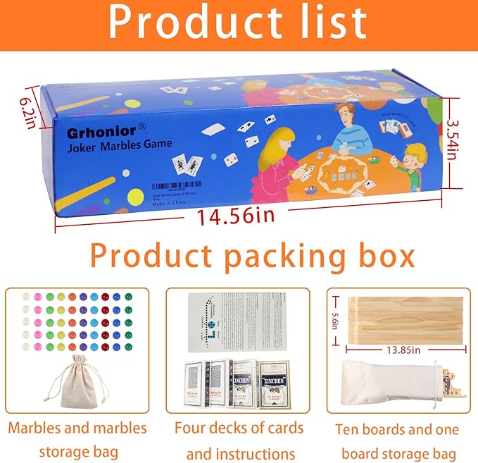 10 Players Marbles and Jokers Board Game Pegs and Jokers Card Wood Game Board Portable Multiplayer Boards Include 10 Colored Marbles 4 Boxes of Card