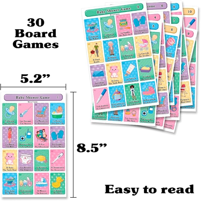 More Fiesta Baby Shower Bingo - Bilingual English Spanish, for up to 30 Players