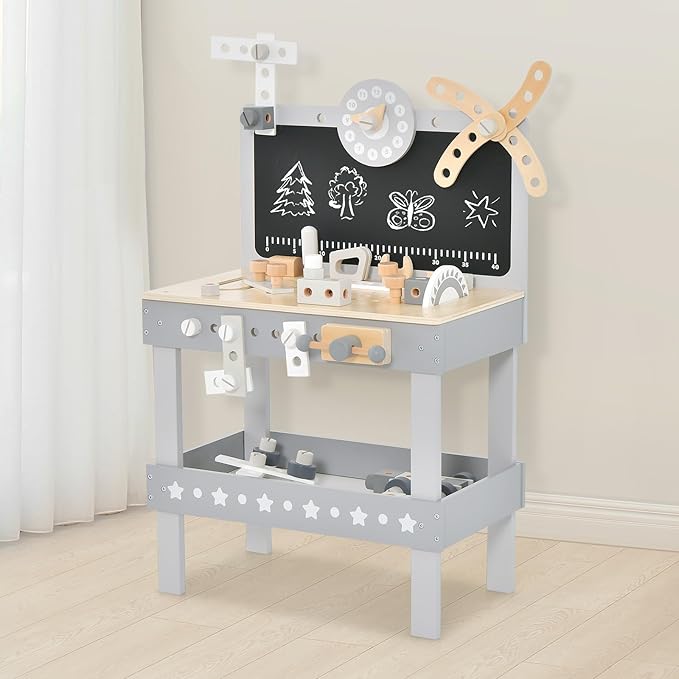 INFANS Tool Bench Set for Toddlers, Kids Wooden Workbench with Blackboard Construction Building Tools and 62 Accessories, Creative Realistic Pretend Play Workshop Gift for Boys Girls