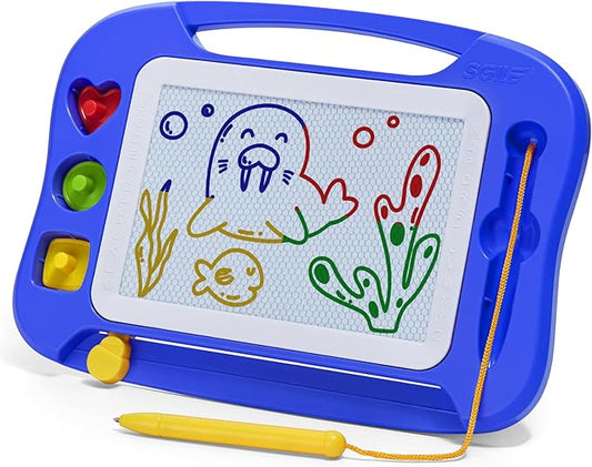 SGILE Magnetic Drawing Board for Kids, Colorful Erasable Doodle Board with Magnet Pen, Painting Sketch Pad with Three Stamps, Travel Toy, Birthday Gift, Educational Learning Toy for Toddlers, Blue