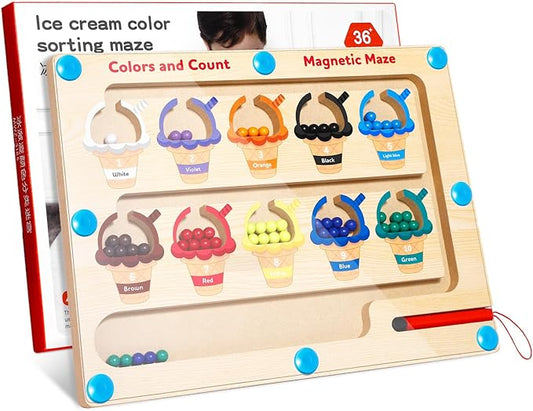 Magnetic Color and Number Maze, Montessori Toys for 3+ Year Old, Wooden Puzzle Activity Board, Toddler Counting Maze Toys for Boys Girls Preschooler 3 4 5 Years Old Gift(Ice Cream)