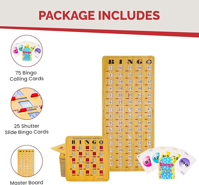 MR CHIPS Jam-Proof Bingo Cards with Sliding Windows, 25 Reusable Shutter Cards, 75 Calling Cards 1 Master Board in Woodgrain Style