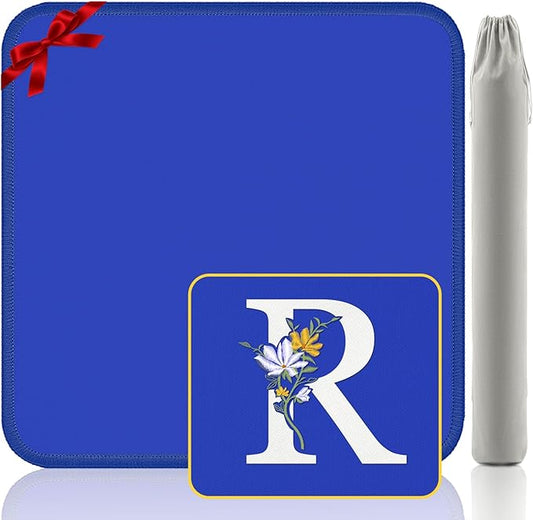 Mahjong Mat for Table | Neoprene Anti-Slip Noise Reduction | 32.4x32.4 Inch Blue | Perfect for American Mahjong, Poker, Card & Board Games | Great Gift Idea(Custom Letter R Edition)