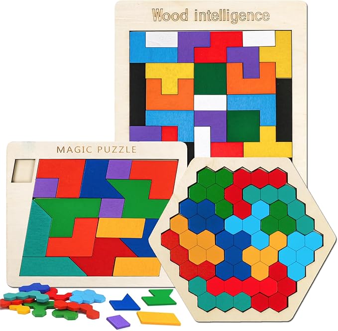 Wooden Puzzles Blocks Brain Teasers Logic Games for Classroom & Party Times,Jigsaw Puzzle Intelligence STEM Montessori Educatioanl IQ Toys Games for Kids Boys Girls Ages 3+(3 Pack)