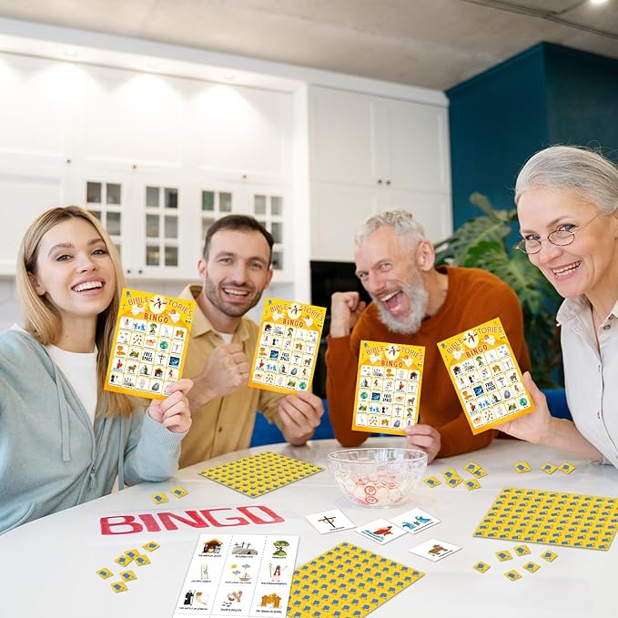 Bible Bingo Cards - Bible Stories, 24 Bingo Cards Sets, Bingo Games for Home Activities, Vacation Gifts for Adult Teenager, Bible Games Christian Party Game Bingo Supplies -01