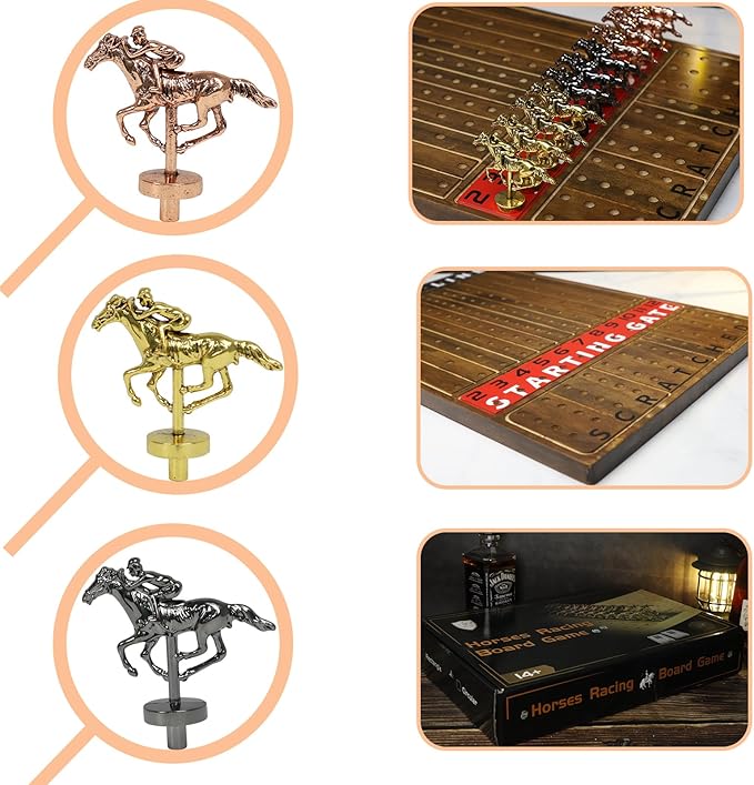 Metal Horse Racing Board Game Card Board Game Finish Line Luxury Edition Solid Wood Race Game Board 11 Batches of Metal Model Horses 2 Sets of Dice and 2 Boxes of Cards…
