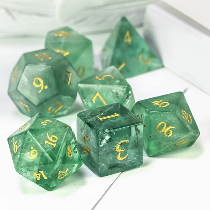 UDIXI Natural Gemstone Dice Set 7PCS Green Fluorite Crystal Stone DND Dice with Gift Case for Dungeons and Dragons Role Playing Games and Other Tabletop Games