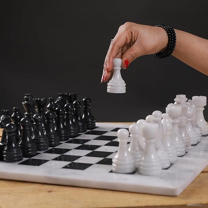 15 Inch Luxury Chess Set Classic Chess Boards for Adults with Handcrafted Stone Board & Marble Chess Pieces Ideal for Home Decor (White & Black)