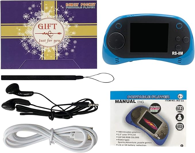 EASEGMER 16 Bit Kids Handheld Games Built-in 220 HD Video Games, 2.5 Inch Portable Game Player with Headphones - Best Travel Electronic Toys for Kids Age 3-10 Years Old Children (Blue)
