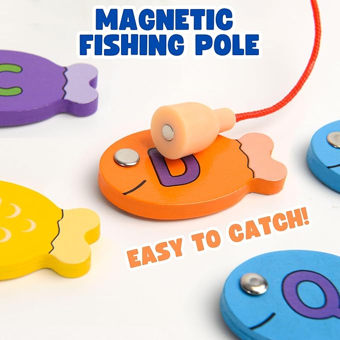 Magnetic Wooden Fishing Game – Interactive ABC Alphabet, Numbers, Shapes & Colors 4-in-1 Learning Board | Montessori Educational Toy for Kids | Complete Set with 36 Fish, 2 Poles & Wooden Board