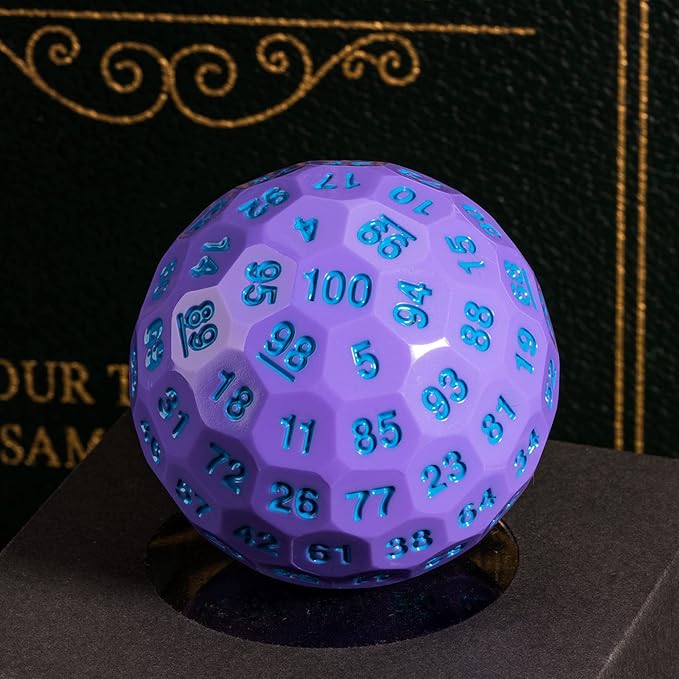 Upgraded D100 Dice, Single 100 Sided Polyhedral Dice D100 Die 50mm, D&D Dice D100 Game Dice, 100 Sided Cube with Metal Storage Tin(Purple/Blue Font)