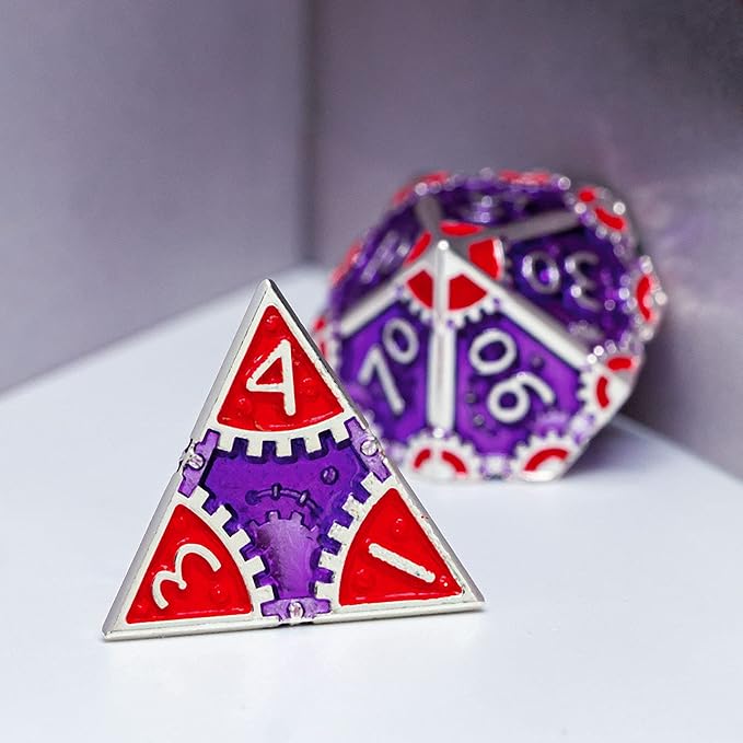 UDIXI Steampunk Style Metal Dice Set 7 Die Polyhedral DND Dice Set D&D Dice for Dungeons and Dragons Role Playing Game and Math Teaching (Silver-Purple Red)