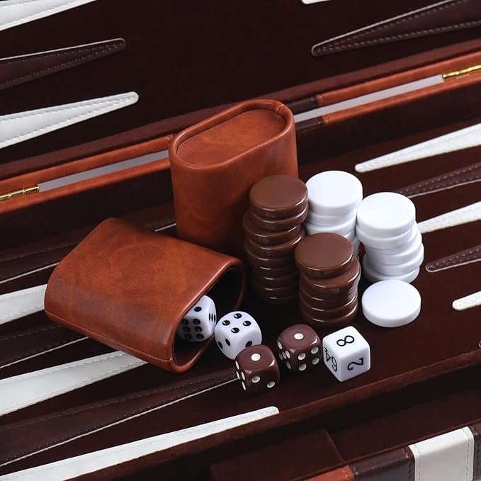 Travel Small 11 Inch Backgammon Set Classic Board Game with Leather Make Board Gift Package, Portable Strategy Game Set for Adults, Kids (Brown, Small)