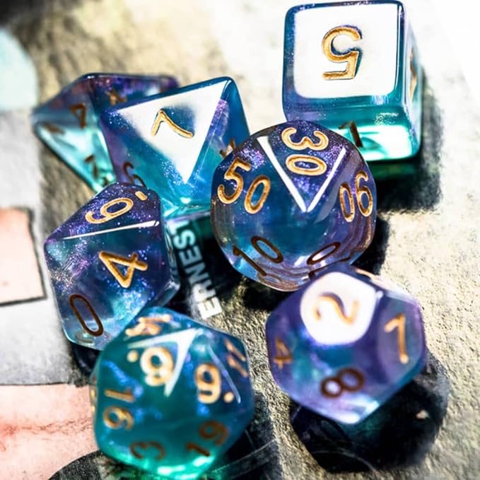 7-Die DND Dice Set Polyhedral Dice Set with a Leather Dice Bag, D&D Dice Set for Dungeons and Dragons, RPG, MTG Table Games (Purple Cyan/Glitter)