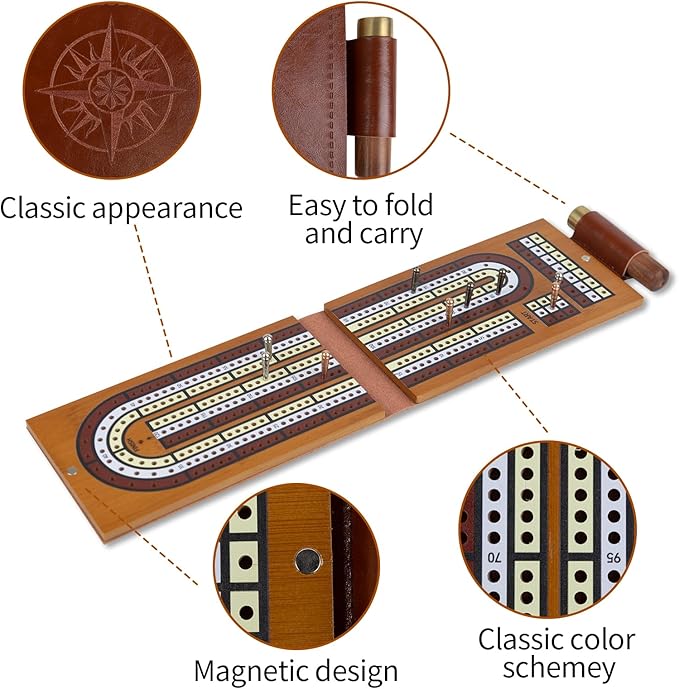 Cribbage Board Game Set,Solid Wood 3 Track Cribbage Board, 9 Metal Pegs,2 Decks of Playing Cards,Leather Travel Cribbage Board Travel Games,Portable