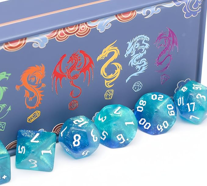 DND Dice Set with Dragon Totem Metal Gife Case, Dungeons and Dragons Dice Set,Polyhedral Dice Set Filled with Shiny Glitters,Role Playing Games and Tabletop Games (Blue&Green)