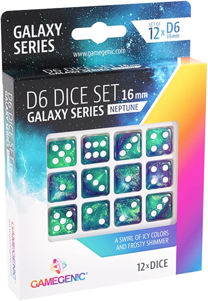 Gamegenic Galaxy Series Neptune D6 Dice Set | Set of 12 Six-Sided Dice | Premium Quality Resin Dice for Dice Games, Board Games and Card Games | Cosmic Glittering Design | Made by Gamegenic