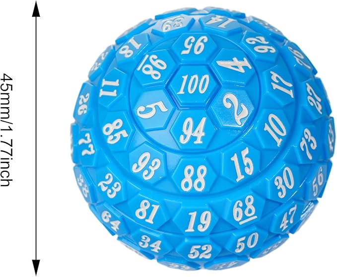 100 Sided Polyhedral Dice, Single D100 Game Dice, 100 Sided Cube with Black Pouch, D100 die 48 mm (Opaque Blue with White Number)