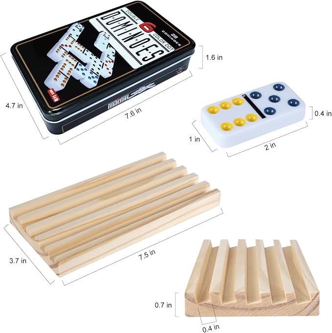 GOTHINK Dominoes Set for Adults with 4 Wooden Trays/Racks, Double 6 Dominoes Set Travel Set with 4 Tiles Holders, 28 Tile Colored Dot Dominos in Tin Box Classic Family Board Games for 2-4 Players