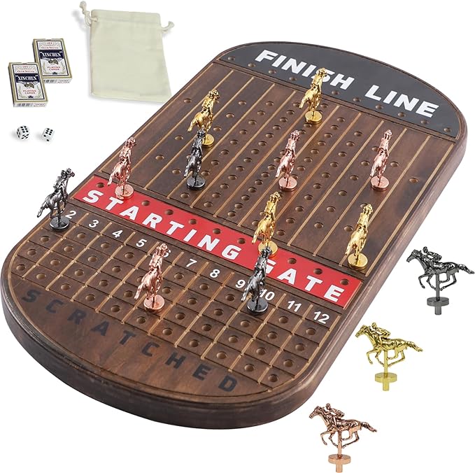 Large 21 Inches Horse Race Board Game Thickened Wood Finish Line Horse Racing Game for Friend's Party Included 11 Metal Horses,2 Dices and 2 Decks of Cards（Oval,Vintage Flame）
