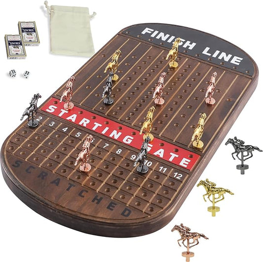 Large 21 Inches Horse Race Board Game Thickened Wood Finish Line Horse Racing Game for Friend's Party Included 11 Metal Horses,2 Dices and 2 Decks of Cards（Oval,Vintage Flame）