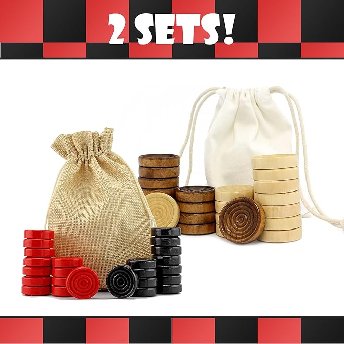 Classic Stackable Wooden Checkers in Natural Wood Color (24 Pieces); with Drawstring Cloth Storage Bag, 1 1/8 Inch