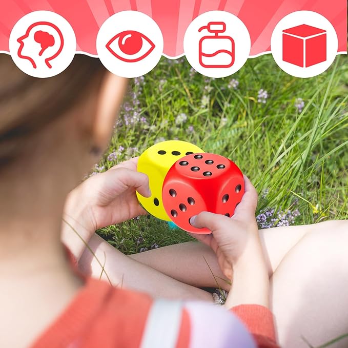 Zomiboo 2 Pcs Large Foam Dice Stress Balls Soft Jumbo 6 Sided Giant Dice Educational Learning Squeeze Anxiety Relieve Toy Gifts for Adults Kids Board Game Classroom(Red, Yellow,2.3 Inch)