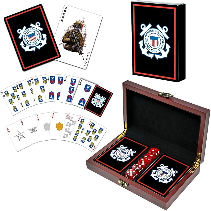 Military Gift Shop USCG Playing Cards with Dice – Wooden Keepsake Box Adorned with Metal USCG Medallion.- Coast Guard Card Set