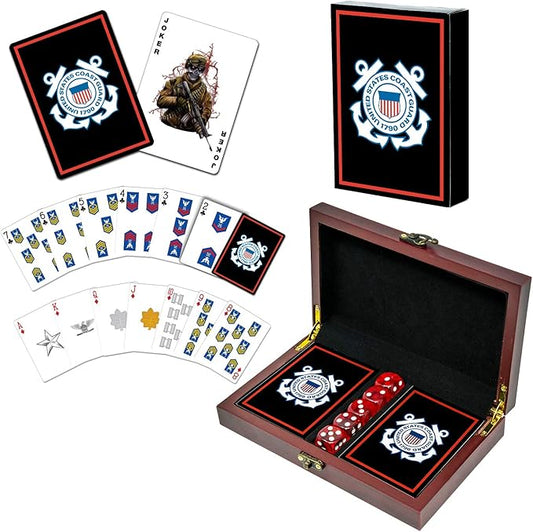 Military Gift Shop USCG Playing Cards with Dice – Wooden Keepsake Box Adorned with Metal USCG Medallion.- Coast Guard Card Set