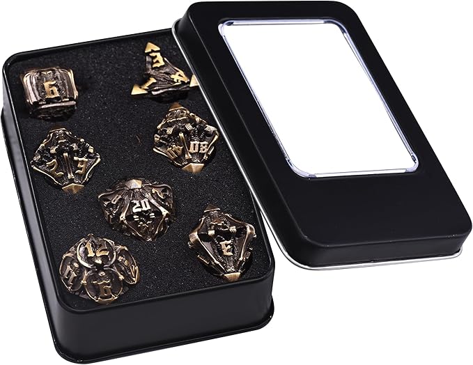 AUSTOR Metal DND Dice Set 7 Pieces DND Dice Hollow Polyhedral Dice D20 D12 D10 D% D8 D6 D4 Metal Dice with Metal Box for Dungeons & Dragons RPG Board Games