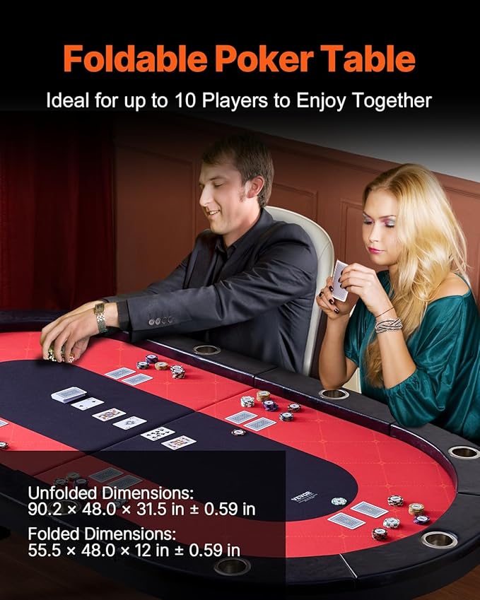 VEVOR 10 Player Poker Table Foldable, Portable Folding Card Board Game Table, Casino Leisure Table, Blackjack Texas Holdem Table with Padded Rails and Stainless Steel Cup Holders,Blue (90 in)