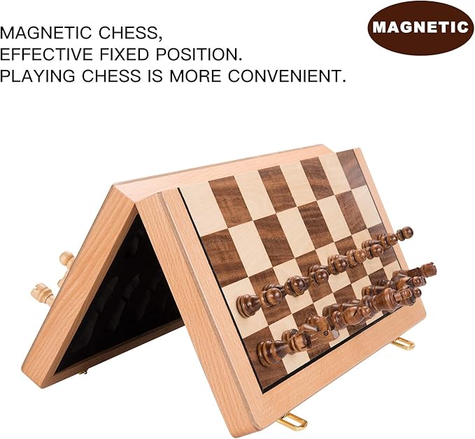 AMEROUS Magnetic Wooden Chess Set, 15 Inches Handmade Wooden Folding Travel Chess Board Game Sets with Chessmen Storage Slots for Kids and Adults, 2 Bonus Extra Queens, Gift Box Packed