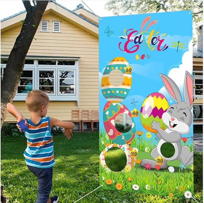 Easter Games, Funny Bunny & Egg Toss Game, with 4 Bean Bags, Premium Banner and Accessories, Easter Party Games for Kids Adults Family Outdoor, Party Activities Supplies